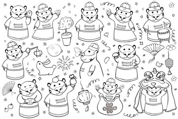 Set Luck Tigers with Symbol of the 2022 New Year Coloring Page or Book Vector