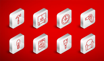 Set line Armchair, Wardrobe, Clock, Hair dryer, Paint brush, Hammer, Washer and Light bulb icon. Vector