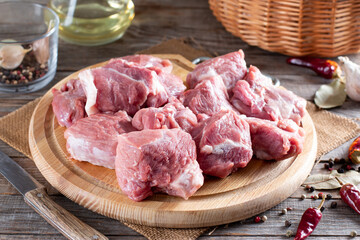 Raw pork on cutting board. Fresh pork for cooking