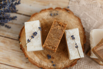 Natural handmade cocos soap with lavender flowers, spa organic soap