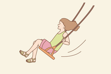 Happy childhood, summer activities concept. Young smiling girl sitting riding on swing un summer having fun outdoors vector illustration 