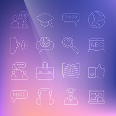 Set line Foreign language online study, Hand like, Speech bubbles with Question, Learning foreign languages, Ear listen sound signal, Two sitting men talking and Magnifying glass icon. Vector