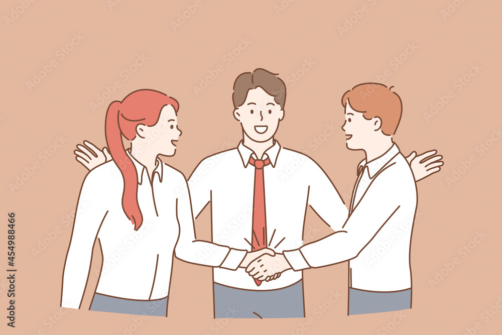 Wall mural Teamwork, collaboration and business partnership concept. Group of Young men and women workers cartoon characters standing shaking hands after successful deal meaning success and achievement 