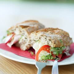 Sandwich on a plate. Broken sandwich on a plate