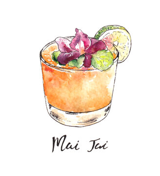 Watercolor Hand Drawn Mai Tai Cocktail Illustration