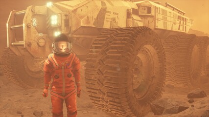 Obraz na płótnie Canvas An astronaut meets the dawn on an alien desert planet. The man was created using 3D computer graphics. 3D rendering