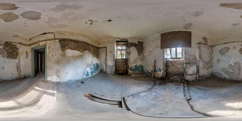 360 panorama in abandoned empty concrete room or old building in full seamless spherical hdri...