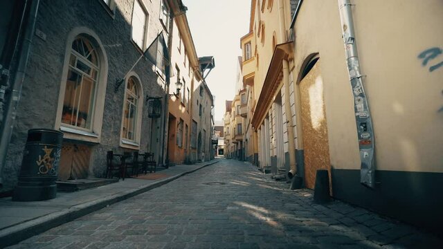 Steadicam slow motion footage of an old streets of Tallinn, Estonia.  Streets of the Medieval City.