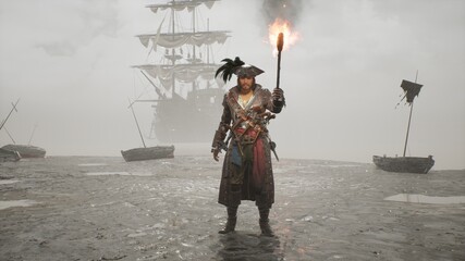A pirate walks with a torch on a misty deserted island. The man was created using 3D computer graphics. 3D rendering. The concept of maritime adventure. The image is ideal for pirate backgrounds. - obrazy, fototapety, plakaty