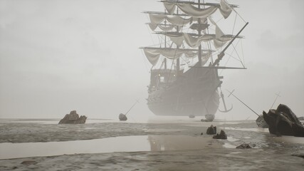 A medieval ship docked near a misty shore. The concept of maritime adventure in the Middle Ages. The image is ideal for historical, educational, pirate and adventure backgrounds. 3D rendering © designprojects