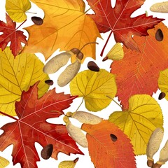 Realistic painted autumn leaves and seeds of trees. Autumn-themed background, postcard, poster, sticker. - 454989867