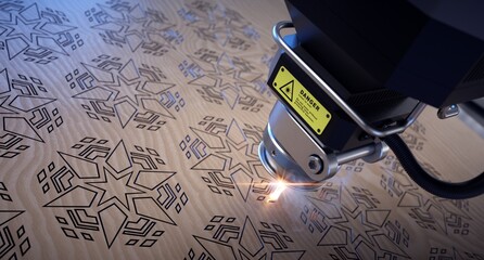 Laser cutter close up, cutting geometric patterns on a wooden board. 