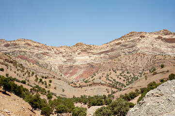 Rocky Mountains with oak trees and clear blue sky, Rocky Mountain khuzestan province, Iran