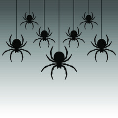Black spiders hanging on a web.  Vector illustration.