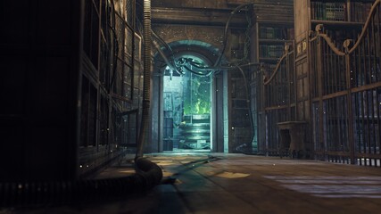 Corridor of an old ancient building used for a modern cyber laboratory. The image for futuristic, cyber and sci-fi backgrounds. View of the corridor in the laboratory of the future. 3D rendering © designprojects