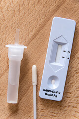 COVID-19 Antigen Test Self-Test Kit, sale in Drugstore. test device sterile swab, extraction buffer tube. Closeup view. High quality photo