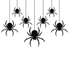 Black spiders hanging on a web.  Vector illustration.
