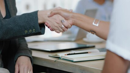 handshake close up hands successful job interview happy business woman intern shaking hands with manager in meeting congratulations for new career opportunity in corporate office