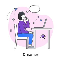 Young female character dreaming while working. Concept of smiling thoughtful young men and women working and relaxing at home. Dreamy people with thought bubble. Flat cartoon vector illustration