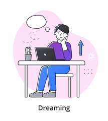 Fototapeta na wymiar Young female character dreaming while working. Concept of smiling thoughtful young men and women working and relaxing at home. Dreamy people with thought bubble. Flat cartoon vector illustration