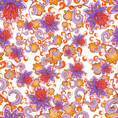 Fototapeta na wymiar Watercolor seamless pattern with flowers and leaves in ethnic style. Floral decoration. Traditional paisley pattern. Textile design texture.Tribal ethnic vintage seamless pattern.