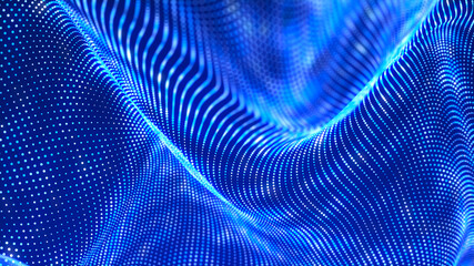 Abstract wave on a blue background with many glowing dots. Digital network background. 3D rendering.