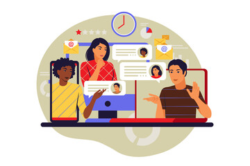 Online meetup concept. Virtual meeting and meetup group. Vector illustration. Flat.