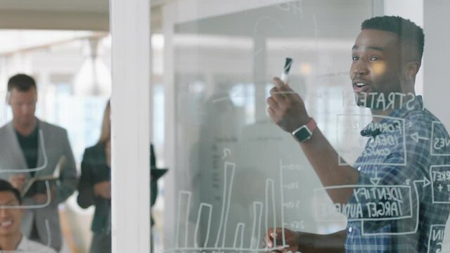 african american businessman writing on glass whiteboard marketing team leader training colleagues in meeting brainstorming problem solving strategy sharing ideas in office presentation seminar 4k