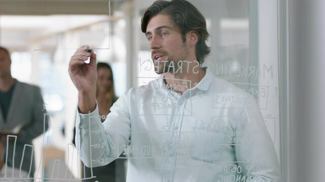 businessman writing on glass whiteboard marketing team leader training colleagues in meeting brainstorming problem solving strategy sharing ideas in office presentation seminar 4k