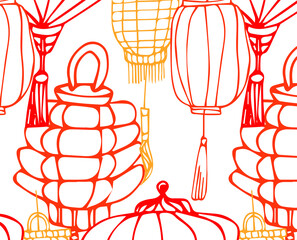 Hand drawn seamless pattern with different colorful Chinese Lantern.