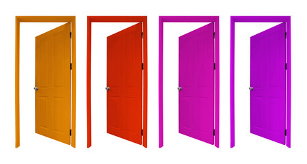 Group of wooden doors on white background
