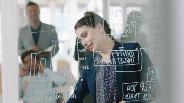 beautiful business woman writing on glass whiteboard team leader training colleagues in meeting brainstorming problem solving strategy sharing ideas in office presentation seminar 4k