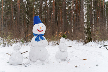 Three funny snowmen in the park