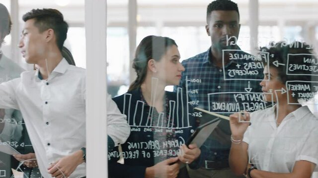 group of business people brainstorming writing ideas on glass whiteboard colleagues working on problem solving solution discussing strategy teamwork in office meeting 4k