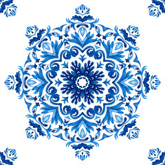 Abstract blue and white hand drawn tile seamless mandala damask ornamental watercolor paint pattern.