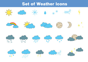 Weather Icons Set | 
symbols of weather | Sun, moon, wind, rain, rainbow, clouds, snow