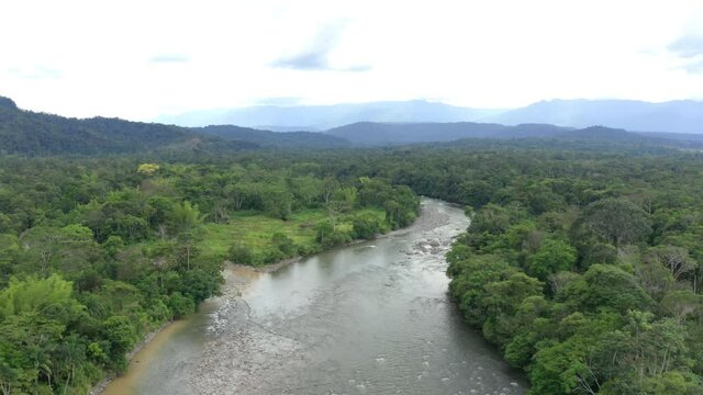 Aerial view over a large tropical river with an open patch at one side