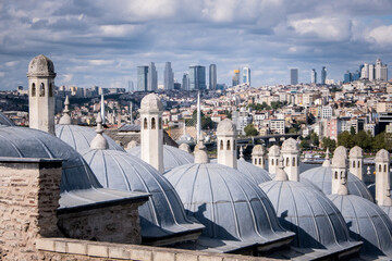 Istanbul view from Suleymaniye Mosque. The historical Süleymaniye mosque complex. Historical architectural structures of the Ottoman Empire. Places to visit in Istanbul. Selective focus.