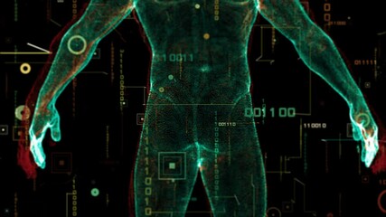 Digital binary code background and Virtual human body. Fly through abstract 3D rendering of a scientific technology data binary code network conveying connectivity, - Powered by Adobe