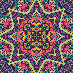 Festive colorful mandala art pattern. Geometric medallion doodle Boho style ornaments. Psychedelic carnival aztec style background