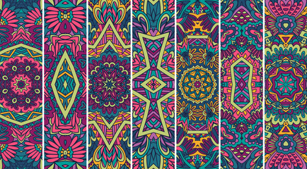 Ethnic geometric pattern set with bright color psychedelic print.