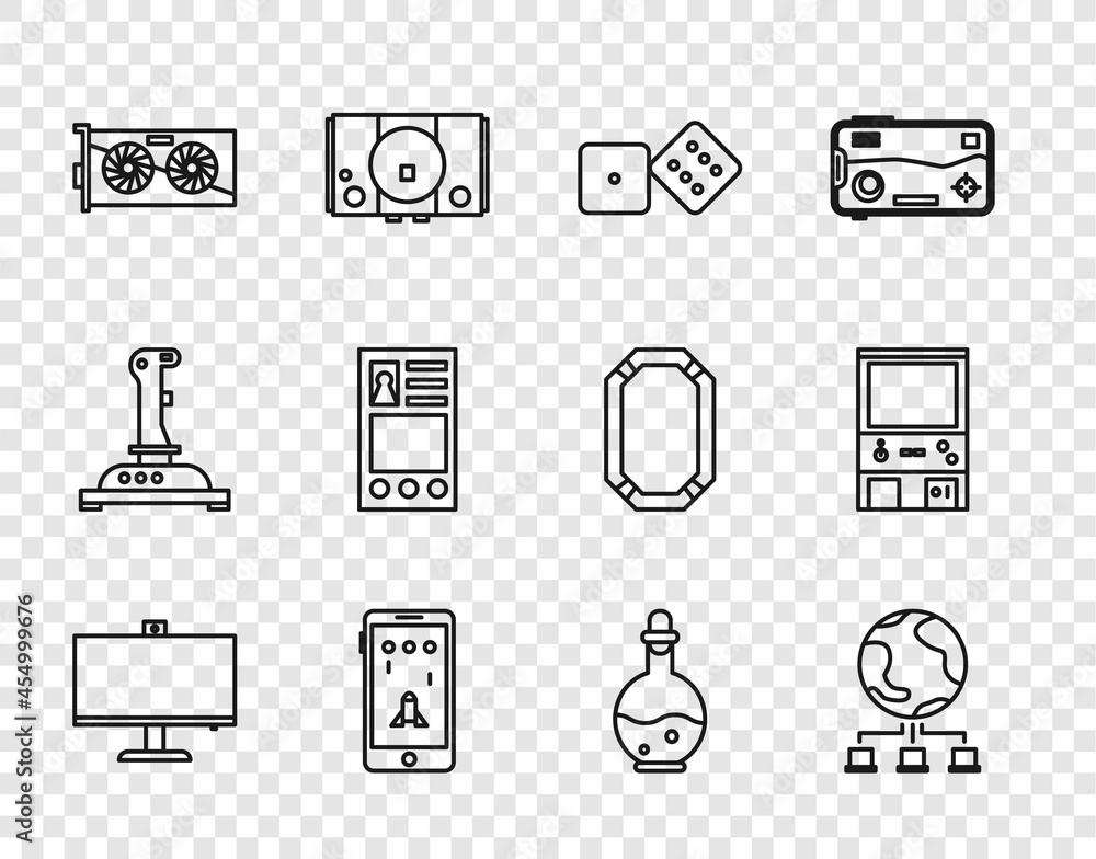 Poster set line computer monitor, network, game dice, mobile and playing in game, video graphic card, creat