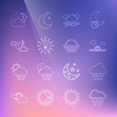 Set line Cloud with rain, Sunset, moon and stars, and icon. Vector