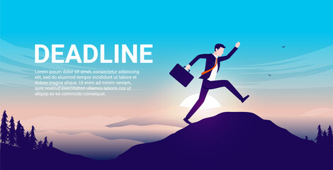 Deadline vector illustration - Businessman running late trough landscape with sunrise in background. Copy space for text.