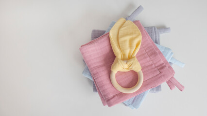 Baby set of cloth diaper with wooden toy. Gender neutral newborn accessories. Eco friendly nappies...