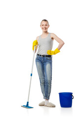 beautiful young woman standing with mop and bucket