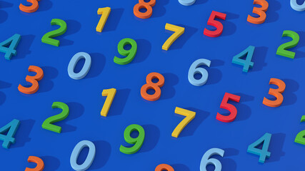 Group of colorful numbers. Blue background, Abstract illustration, 3d render.