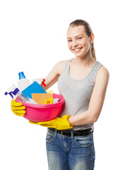 beautiful woman in gloves with basin over white