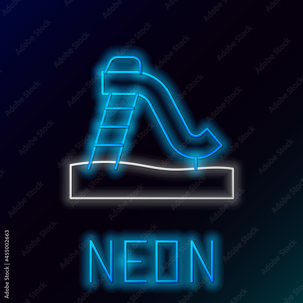 Sticker glowing neon line kid slide icon isolated on black background. childrens slide. colorful outline con