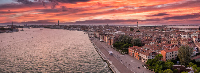 Aerial View Of Venice near Saint Mark's Square, Rialto bridge and narrow canals. Beautiful Venice...
